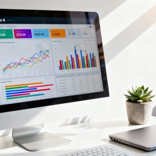 How to Track Site Performance With Google Analytics 4 Tools 2 Colorful Google Analytics dashboards displaying website traffic data on an iMac screen in a bright workspace.