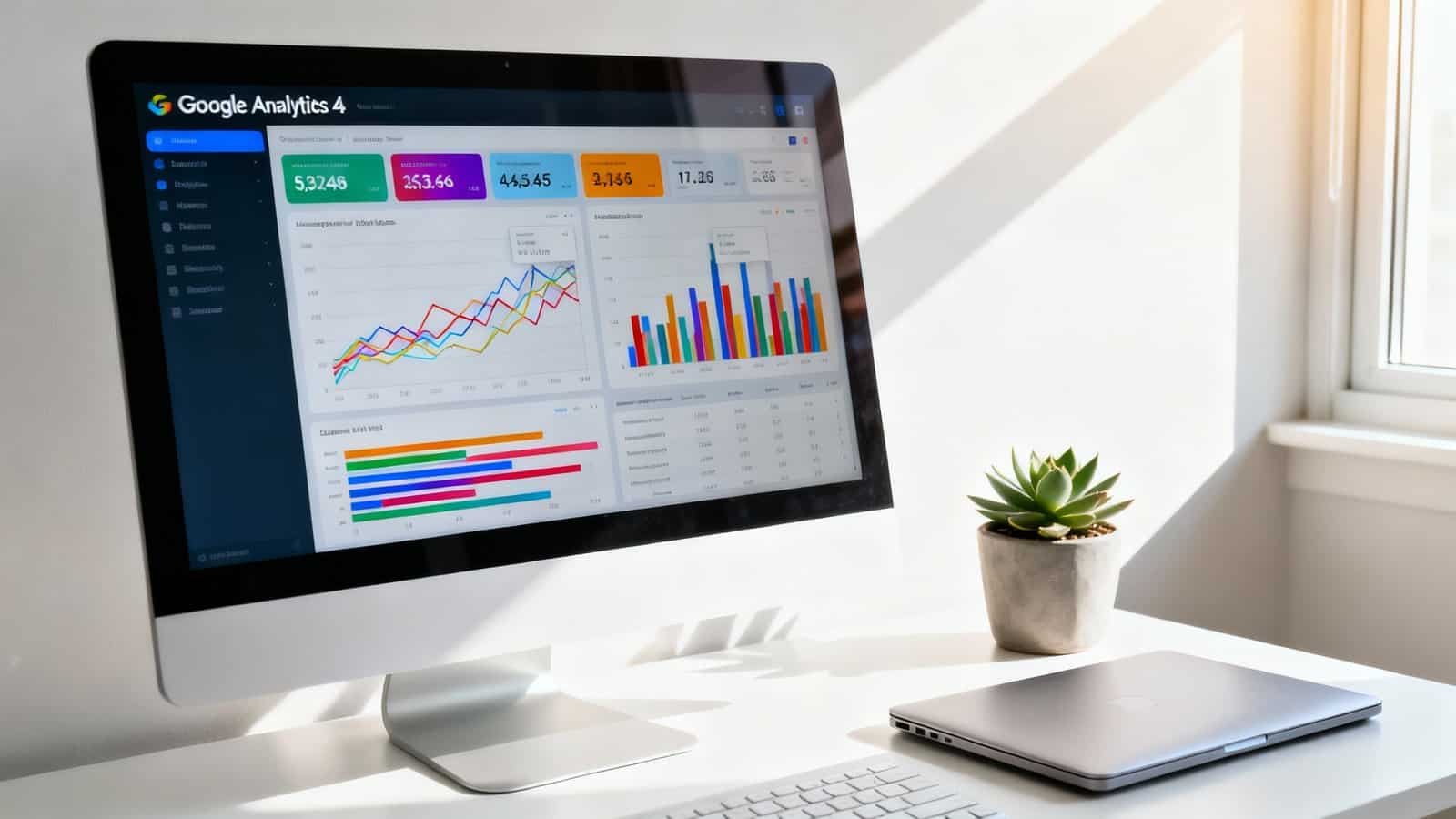 Colorful Google Analytics dashboards displaying website traffic data on an iMac screen in a bright workspace.