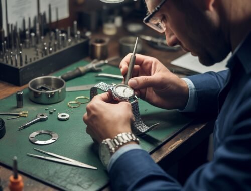 Precision watch repair technician working on watch mechanisms with tools at a workspace.