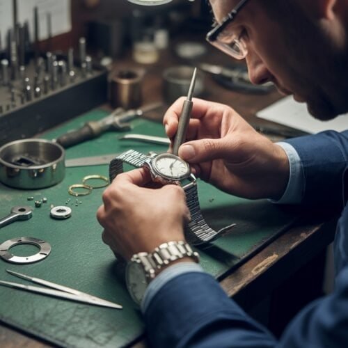 Precision watch repair technician working on watch mechanisms with tools at a workspace.