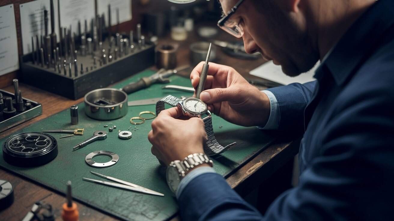 Precision watch repair technician working on watch mechanisms with tools at a workspace.