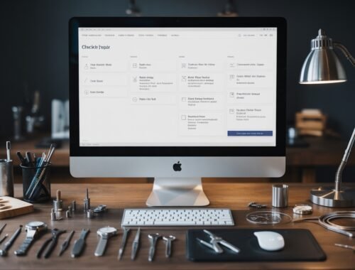 Checklist interface displayed on an iMac surrounded by watch repair tools and equipment on a wooden desk.
