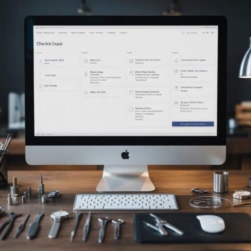 Checklist interface displayed on an iMac surrounded by watch repair tools and equipment on a wooden desk.