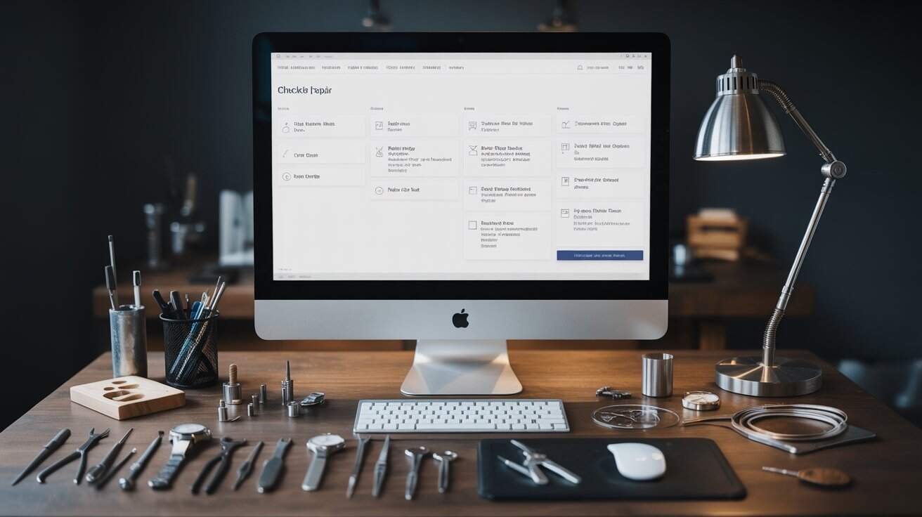 Checklist interface displayed on an iMac surrounded by watch repair tools and equipment on a wooden desk.