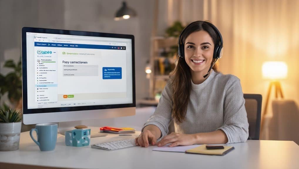 Chemicloud Human Live Chat Support for Non Technical Users 4 Website support specialist wearing a headset working at a modern desk, providing online assistance, with a computer displaying a customer service interface.