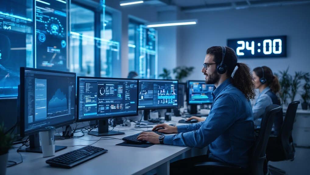 High-tech control room with professionals monitoring data on multiple screens, illuminated by blue lighting, emphasizing cybersecurity and IT management.