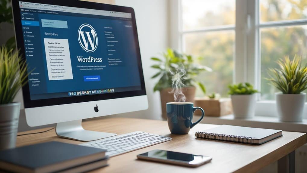 WordPress website development platform displayed on an iMac computer with a steaming coffee mug and potted plants on a wooden desk.