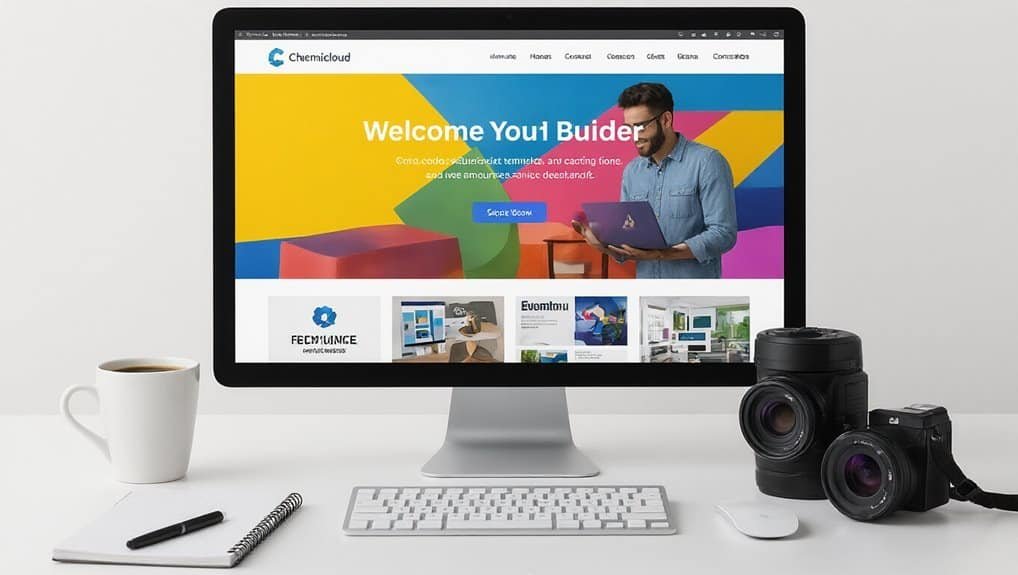 Chemicloud Easy Website Setup With Expert Assistance 3 ChemiCloud website homepage displayed on a sleek desktop monitor with colorful graphics, surrounded by a camera, notebooks, and coffee cup, illustrating web hosting and website design tools.