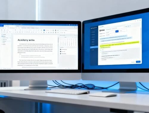 Dual computer monitors displaying document editing and Grammarly proofreading tools on a modern desk setup.