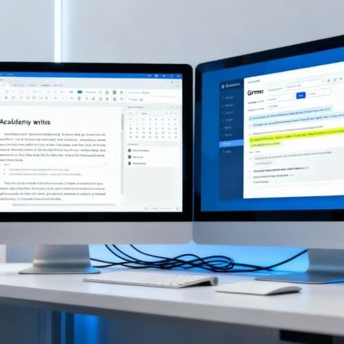 Dual computer monitors displaying document editing and Grammarly proofreading tools on a modern desk setup.