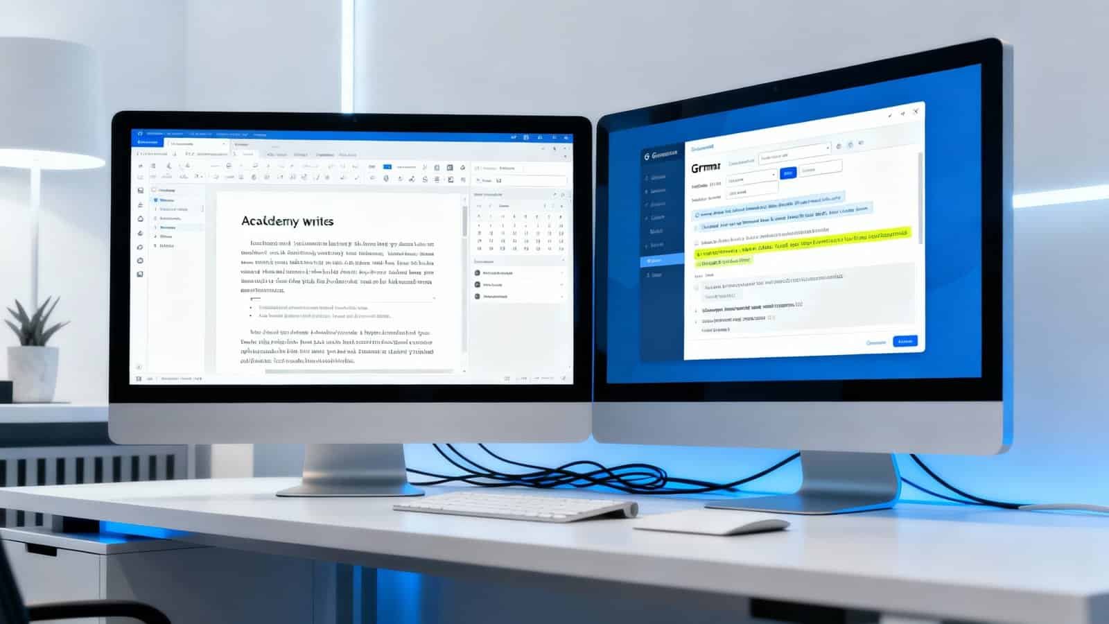 Dual computer monitors displaying document editing and Grammarly proofreading tools on a modern desk setup.