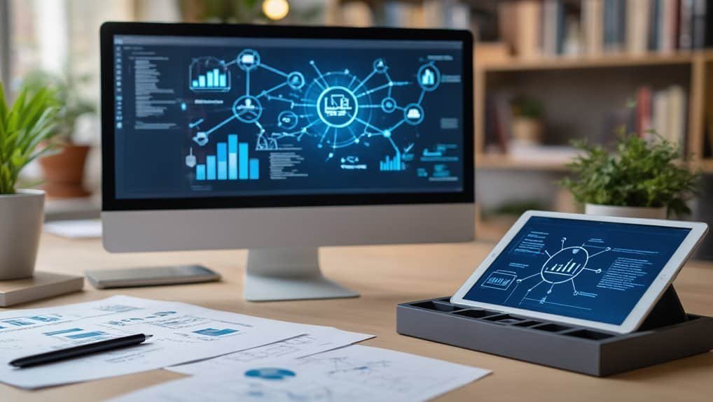 Advanced digital analytics on computer and tablet screens in a modern office.