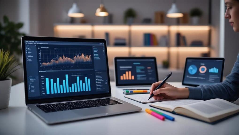 High-tech workspace with multiple monitors displaying financial data and analytics, a person analyzing information with a stylus, surrounded by office supplies and vibrant lighting.