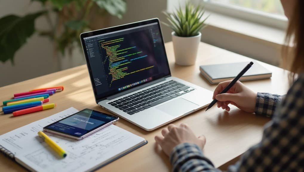 Coding programmer working on a laptop with code displayed on the screen, surrounded by notes, a smartphone, and pens on a wooden desk in a bright, modern workspace.