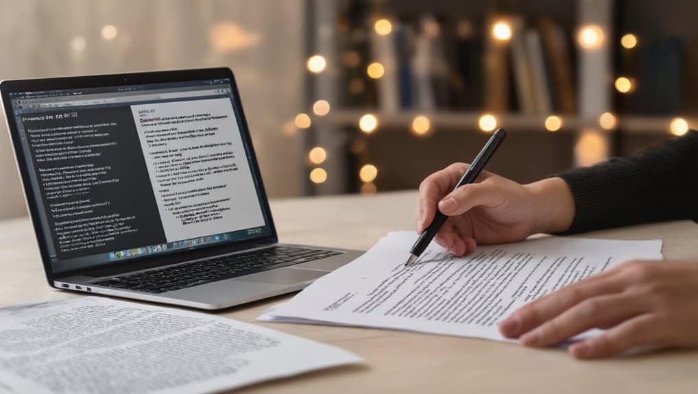 1. Person reviewing documents and editing on paper with a laptop in a cozy, well-lit workspace.