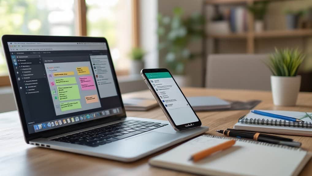 Multifunctional laptop and smartphone displaying project management and communication tools, on a clean desk with notebooks, pens, and a potted plant in a bright home office setting.