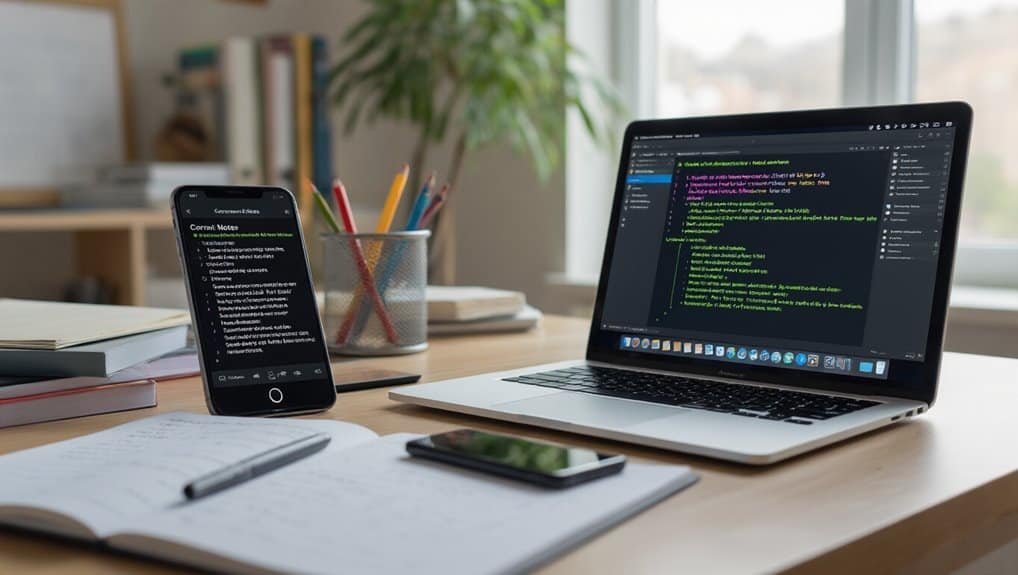 1. Modern workspace with a laptop displaying coding, a smartphone showing notes, and office supplies for website development and tech project management.