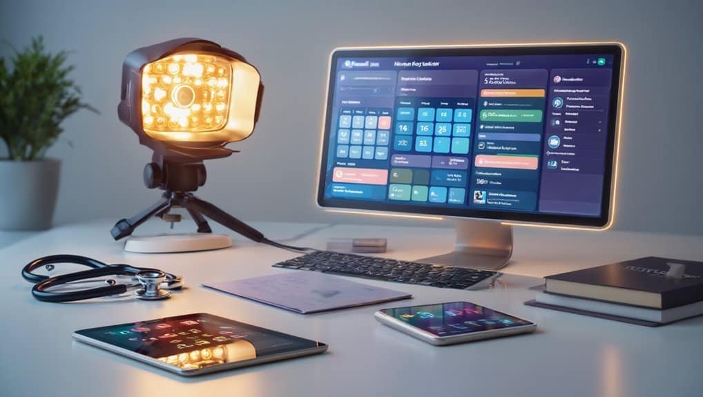Smart desk setup with medical tech, including a computer displaying website tools, a bright exam light, tablet, smartphone, medical stethoscope, notebooks, and a potted plant, on a clean white surface.