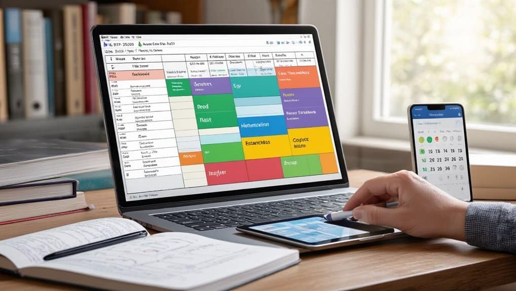 1. Bright laptop displaying a colorful project management calendar with a smartphone and notebooks on a desk, ideal for workspace organization and productivity tools.