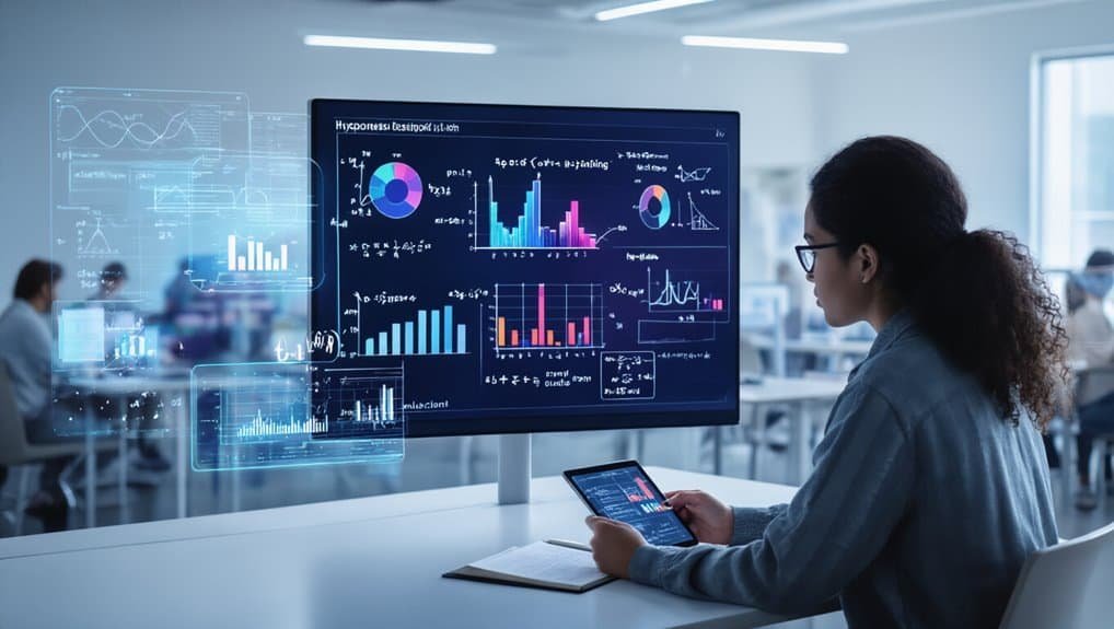 A woman analyzing complex data visualizations on a large screen using a tablet in a modern office environment. Multiple charts, graphs, and data points highlight advanced analytics and digital exploration.