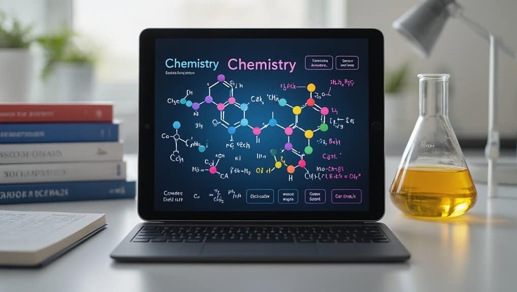 Detailed chemistry diagram displayed on a digital device at a clean, organized workspace.