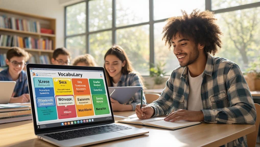A diverse group of students using a laptop displaying vocabulary flashcards in an educational setting, promoting language learning and digital learning tools.