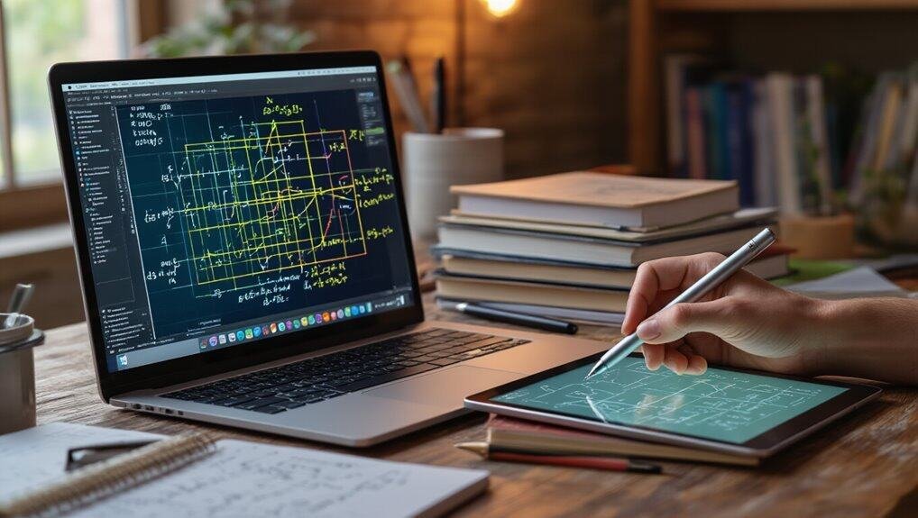 AI Math Solver With Step By Step Explanations for Calculus 2 A hand interacts with a tablet displaying engineering sketches, with a laptop showing complex technical diagrams in the background, surrounded by notebooks and books in a cozy workspace.