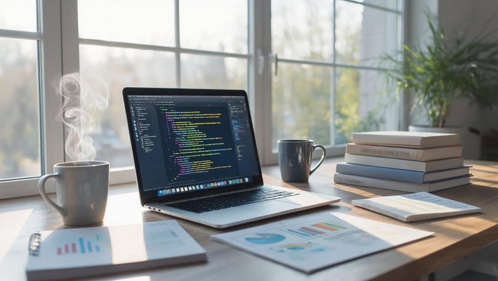 Code editor on a laptop displaying programming code with books, notebooks, and coffee mugs on a desk near a window, representing website development tools and workspace setup.