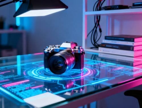 High-tech digital workspace with a professional camera on a futuristic transparent desk illuminated by neon pink and blue glow, emphasizing modern design and creative photography tools.