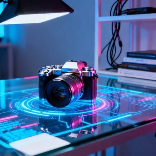 High-tech digital workspace with a professional camera on a futuristic transparent desk illuminated by neon pink and blue glow, emphasizing modern design and creative photography tools.