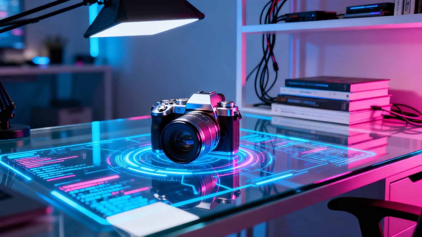 High-tech digital workspace with a professional camera on a futuristic transparent desk illuminated by neon pink and blue glow, emphasizing modern design and creative photography tools.