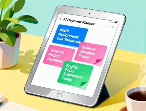 AI Heyowor Planner on tablet displaying colorful task reminders including math, science, and English assignments, placed on a bright yellow desk with a potted plant, notebook, and steaming cup of coffee.