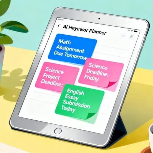 AI Heyowor Planner on tablet displaying colorful task reminders including math, science, and English assignments, placed on a bright yellow desk with a potted plant, notebook, and steaming cup of coffee.