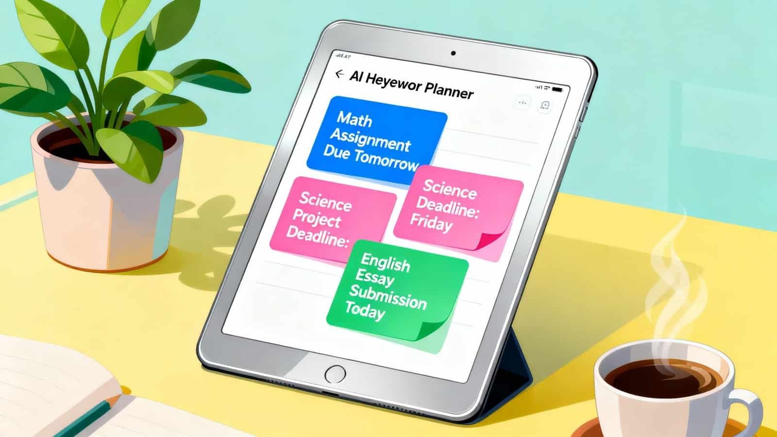 AI Homework Planner With Reminders for ADHD Students 1 AI Heyowor Planner on tablet displaying colorful task reminders including math, science, and English assignments, placed on a bright yellow desk with a potted plant, notebook, and steaming cup of coffee.