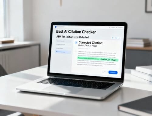 AI citation checker software displayed on a laptop screen in a bright, modern workspace. The tool corrects citations and detects errors, ideal for students, researchers, and writers to ensure accurate referencing.