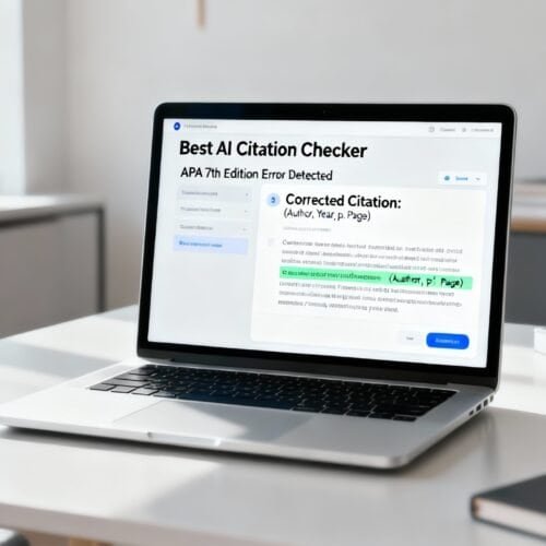 Best AI Citation Checker to Fix APA 7th Mistakes 9 AI citation checker software displayed on a laptop screen in a bright, modern workspace. The tool corrects citations and detects errors, ideal for students, researchers, and writers to ensure accurate referencing.