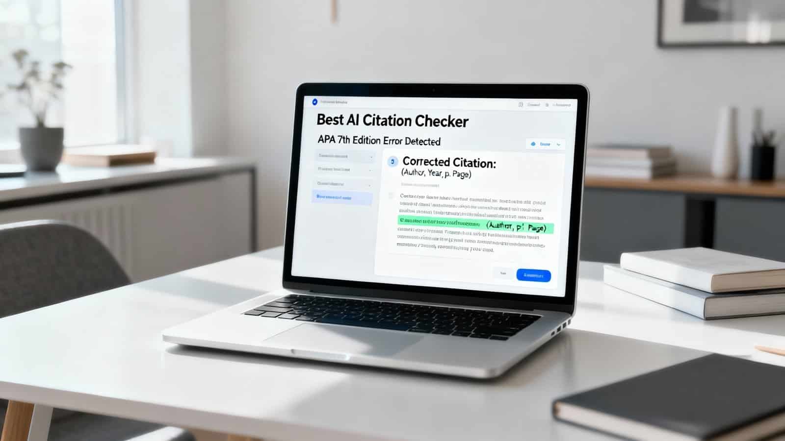 AI citation checker software displayed on a laptop screen in a bright, modern workspace. The tool corrects citations and detects errors, ideal for students, researchers, and writers to ensure accurate referencing.