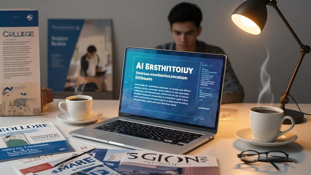 AI technology for website development displayed on a laptop in a workspace with coffee cups and reading materials.