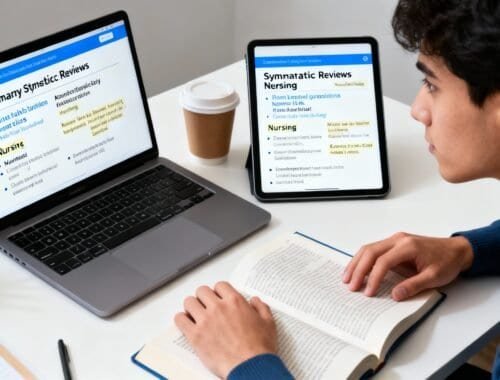 A person studying website review tools on a laptop and tablet, with notes and a coffee cup nearby, showcasing digital research and website analysis.