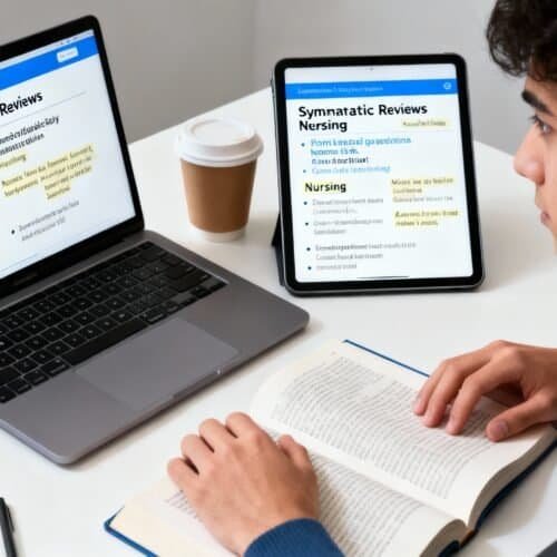 A person studying website review tools on a laptop and tablet, with notes and a coffee cup nearby, showcasing digital research and website analysis.