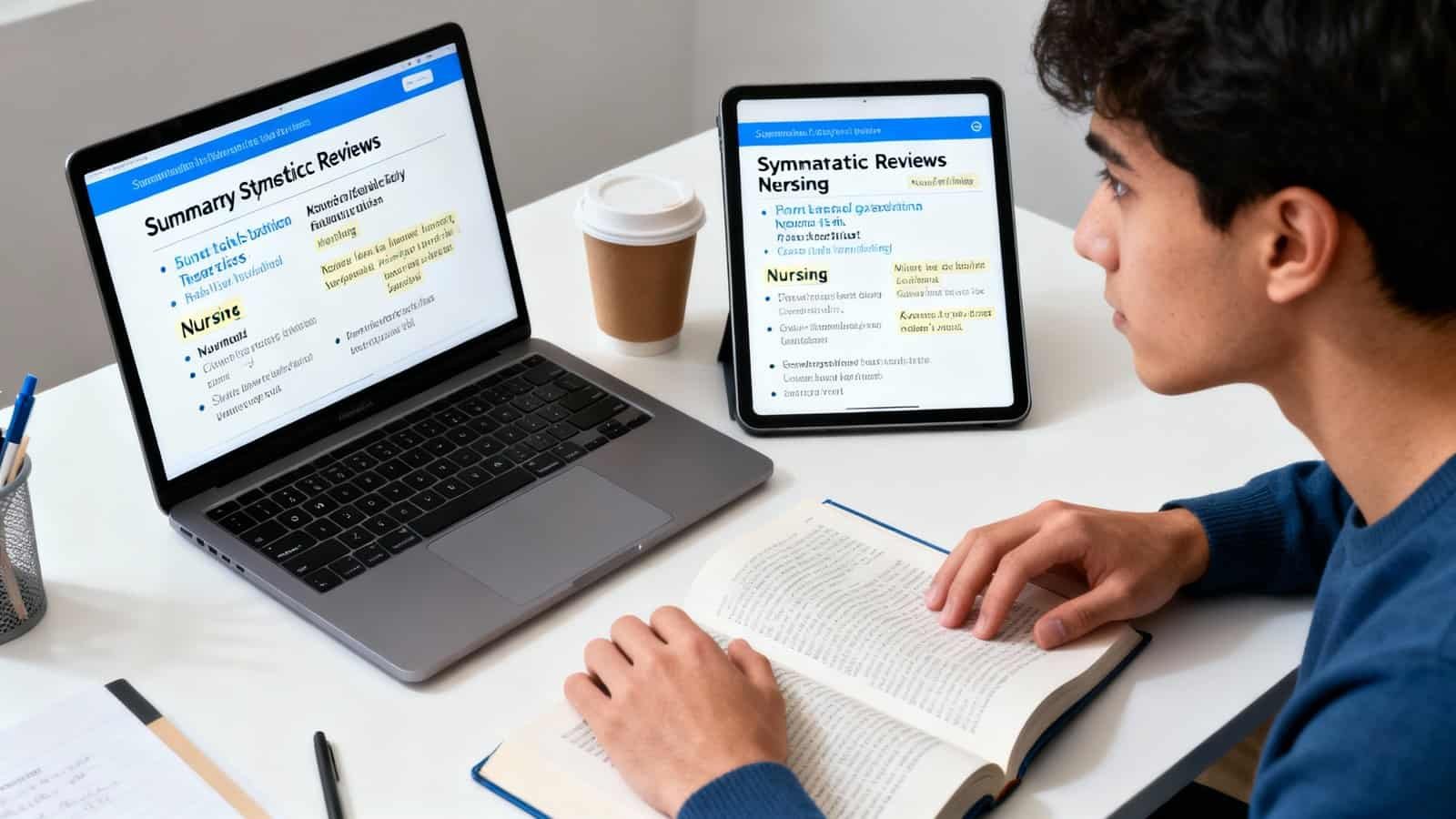 A person studying website review tools on a laptop and tablet, with notes and a coffee cup nearby, showcasing digital research and website analysis.