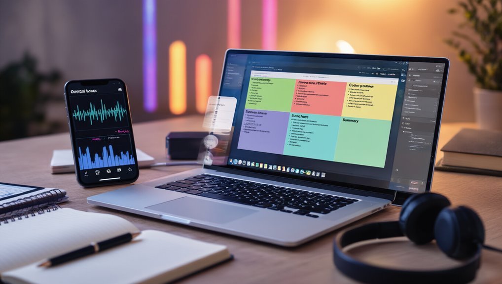 Organized workspace with laptop displaying a colorful digital planner, smartphone showing analytics, and various office supplies in a modern, well-lit setting.