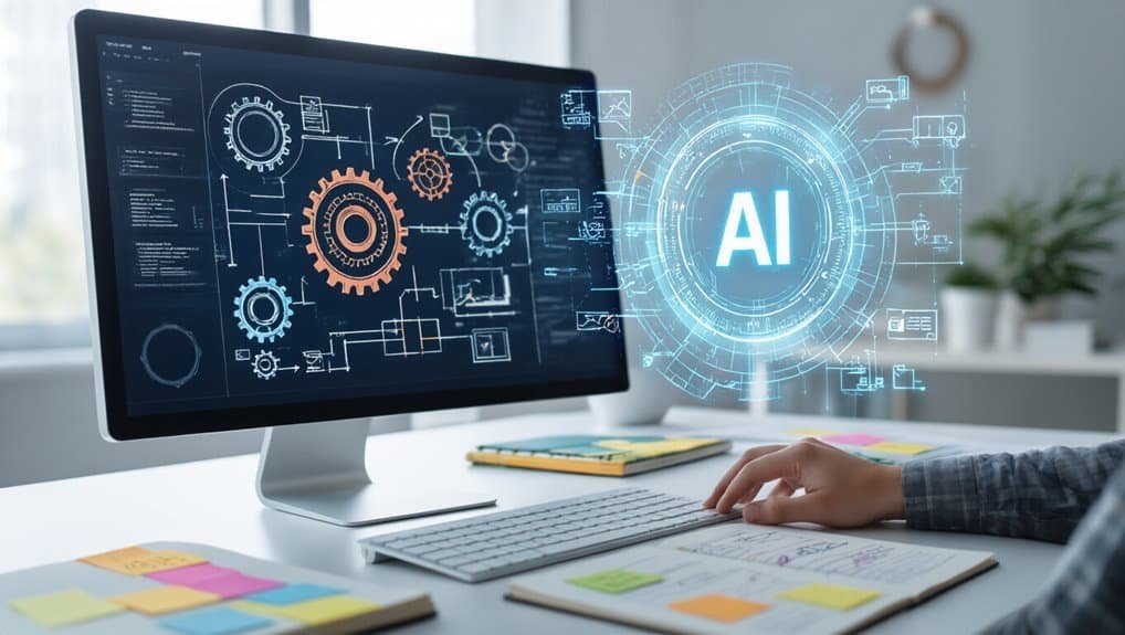 AI-powered technology and digital gears interface on computer screen, symbolizing innovative website tools and products for optimizing online presence and website management.