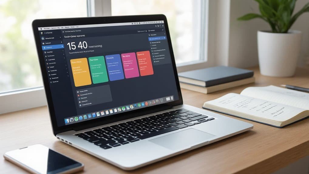 Efficient project management on a sleek MacBook with color-coded task boards, surrounded by notebooks and a plant, on a bright workspace.