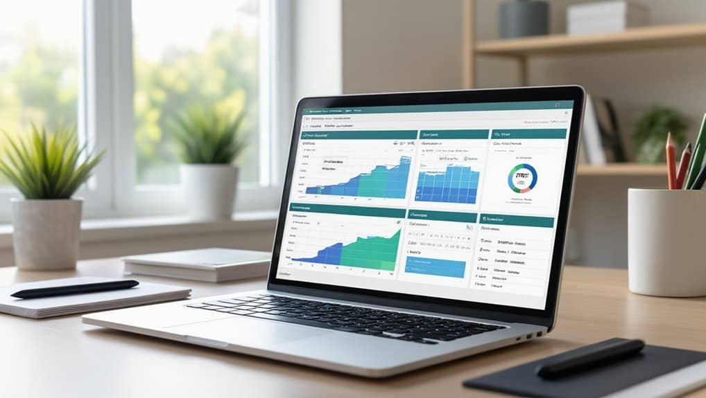 Data analytics dashboard on a sleek laptop screen displaying charts and graphs for website performance and growth analysis.