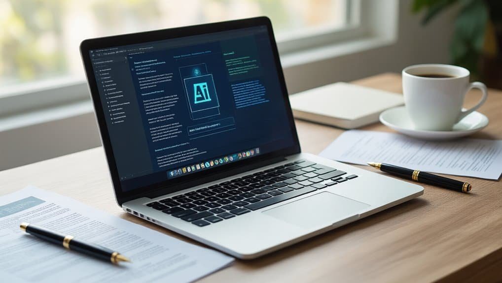 AI-powered website design interface displayed on a MacBook laptop on a tidy workspace with a coffee cup, papers, and pen for productivity.