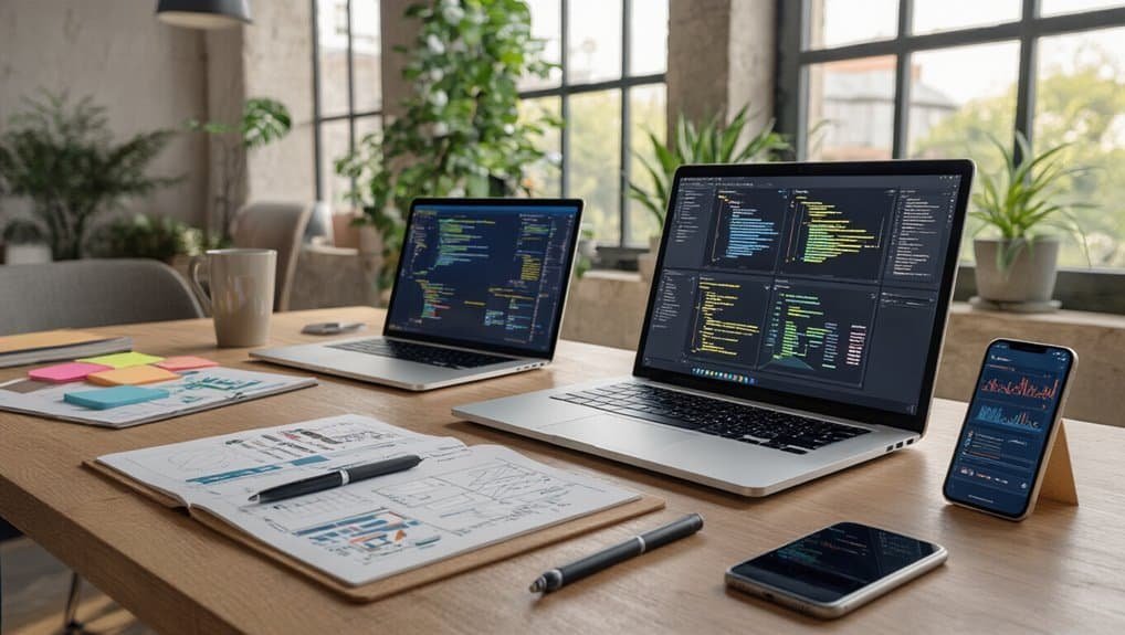 Flexible workspace with dual laptops displaying coding interfaces, accompanied by charts, notebooks, pens, and a smartphone, ideal for web development and digital project management.