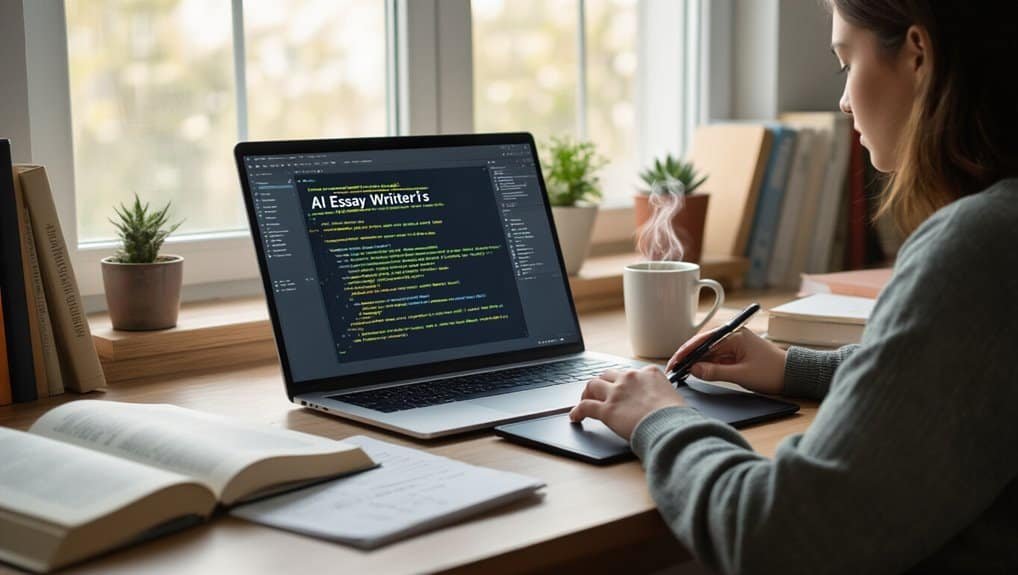 AI Essay Writer technology for efficient content creation and editing on a modern laptop by a focused woman at a tidy desk.