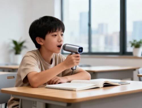 A young boy speaking into a handheld scanner or microphone in a classroom setting, with open books in front of him. Bright, modern classroom with large windows and potted plants.