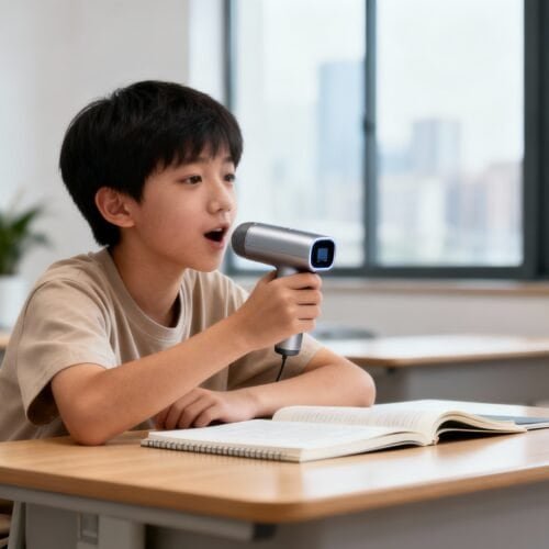 A young boy speaking into a handheld scanner or microphone in a classroom setting, with open books in front of him. Bright, modern classroom with large windows and potted plants.